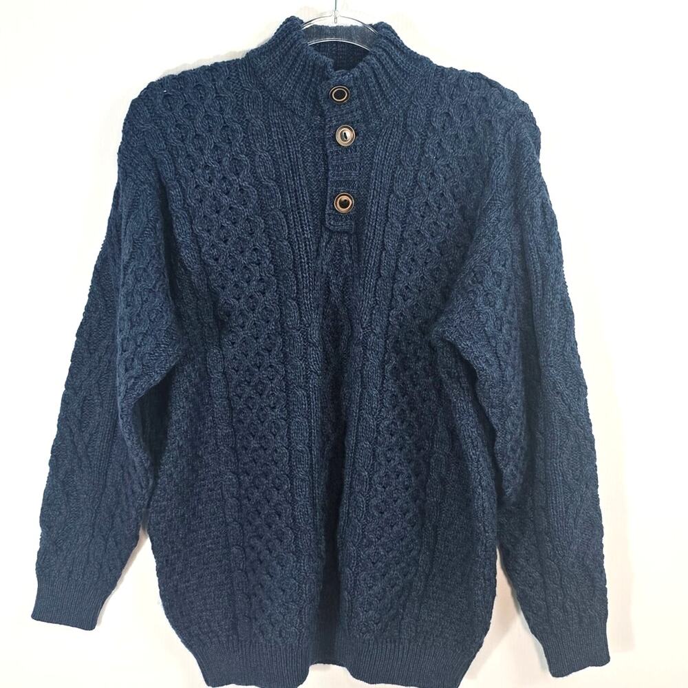 Aran Woollen Mills Fisherman Chunky Knit Sweater Henley Mock Neck Blue XL IRL